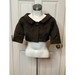 Carolina Herrera Brown Silk Cropped Short Sleeve Jacket Jeweled Button, Size 2